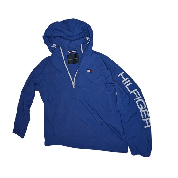 Tommy Hilfiger Blue Pullover Windbreaker Jacket Mens Size M Hilfiger Arm Print - Picture 1 of 7